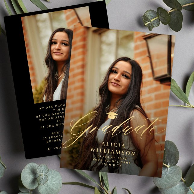 2 photo elegant script gold and black graduation announcement (Creator Uploaded)
