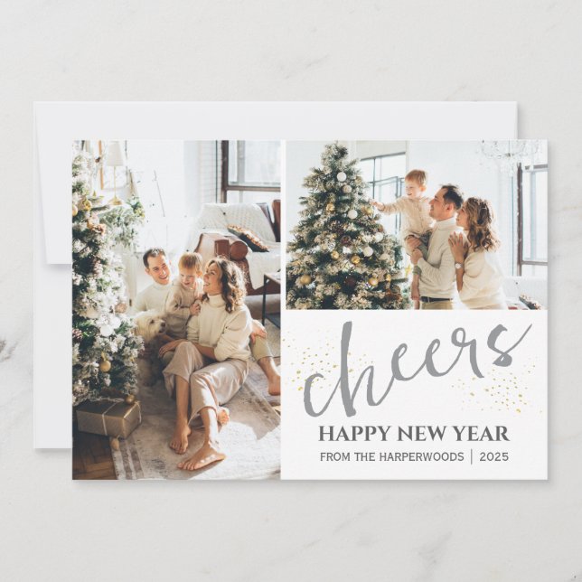 2 Photo Elegant Script Modern Happy New Year Holiday Card (Front)