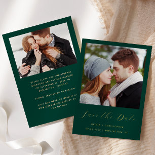 2-Photo Emerald Green Gold Script Save the Date