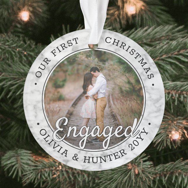 2 Photo Engagement 1st Christmas Faux Marble Ornament (Creator Uploaded)