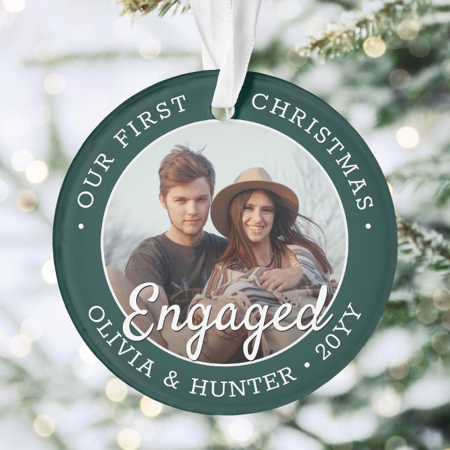 2 Photo Engagement 1st Christmas Green and White Ornament (Creator Uploaded)