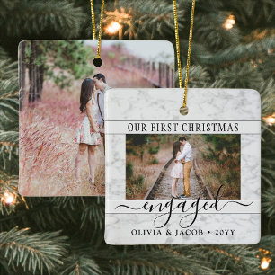 2 Photo Engagement First Christmas Faux Marble Ceramic Ornament