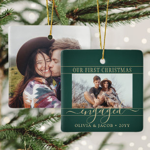 2 Photo Engagement First Christmas Green and Gold Ceramic Ornament