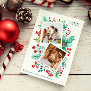 2 Photo Family Christmas Card Watercolor Foliage