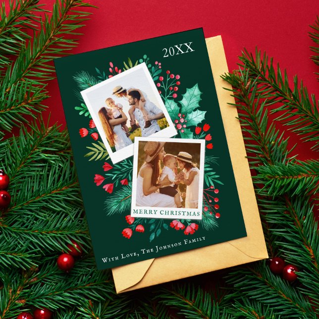2 Photo Family Christmas Card Watercolor Foliage (2 Photo Family Christmas Card Watercolor Foliage)