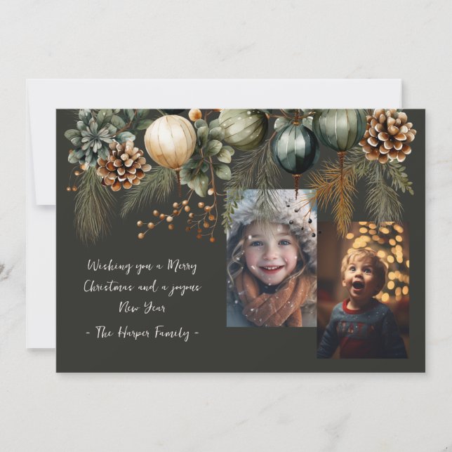 2 Photo Festive Elegant Greenery  Holiday Card (Front)