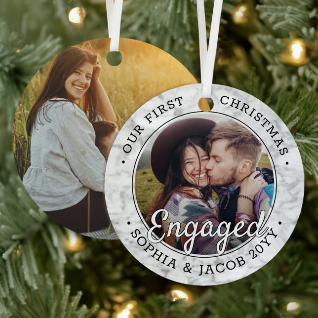 2 Photo First Christmas Engaged Faux Marble Round  Metal Tree Decoration (Creator Uploaded)