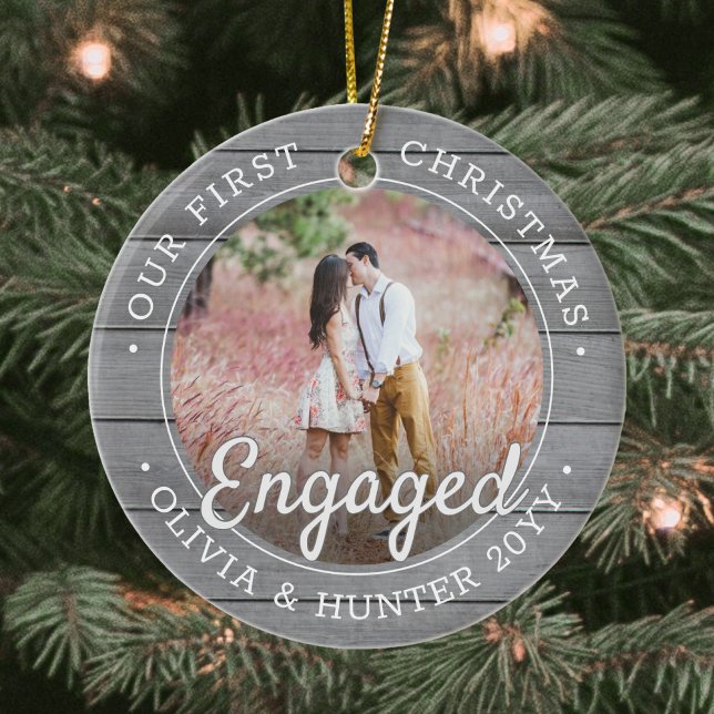 2 Photo First Christmas Engaged Gray Faux Wood Ceramic Ornament (Creator Uploaded)
