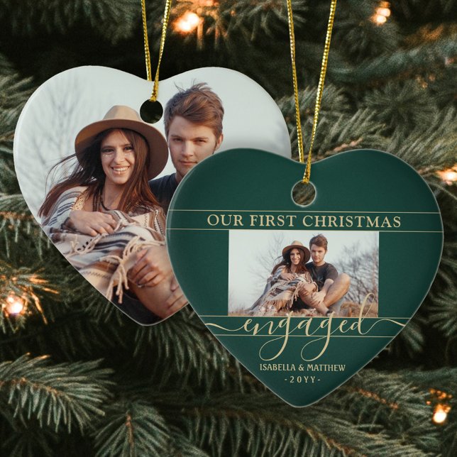 2 Photo First Christmas Engaged Green & Gold Heart Ceramic Ornament (Creator Uploaded)