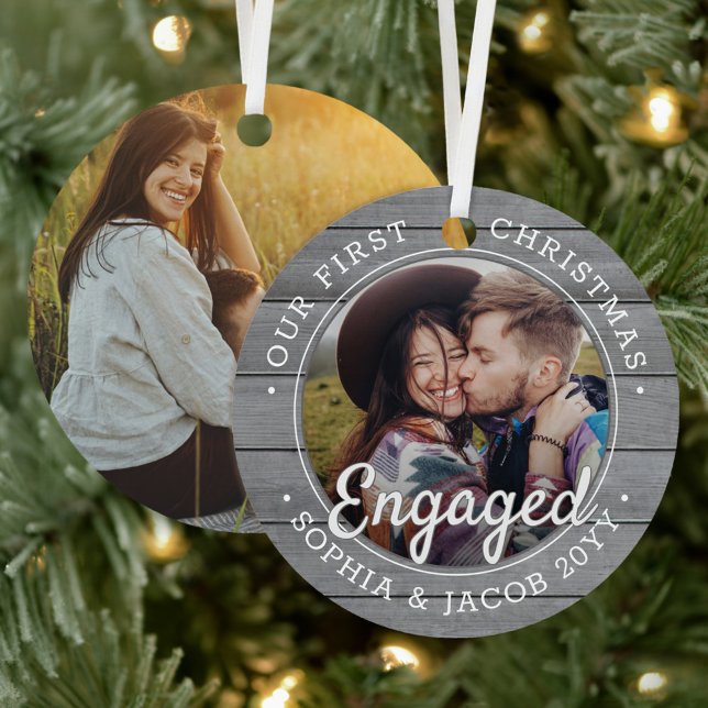 2 Photo First Christmas Engaged Grey Faux Wood Metal Tree Decoration (Creator Uploaded)