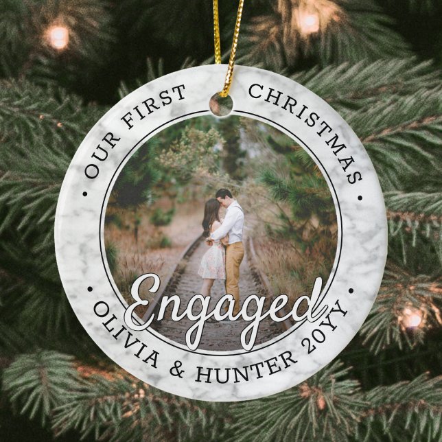 2 Photo First Christmas Engaged Modern Faux Marble Ceramic Ornament (Creator Uploaded)