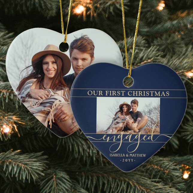 2 Photo First Christmas Engaged Navy & Gold Heart Ceramic Ornament (Creator Uploaded)