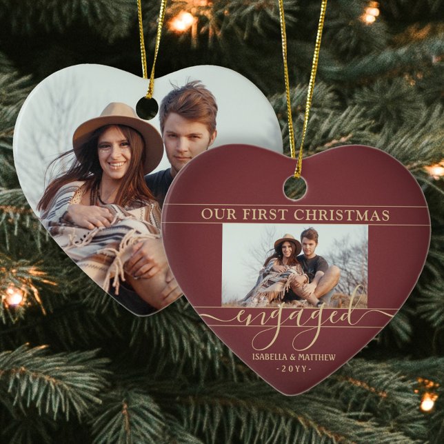 2 Photo First Christmas Engaged Red and Gold Heart Ceramic Ornament (Creator Uploaded)