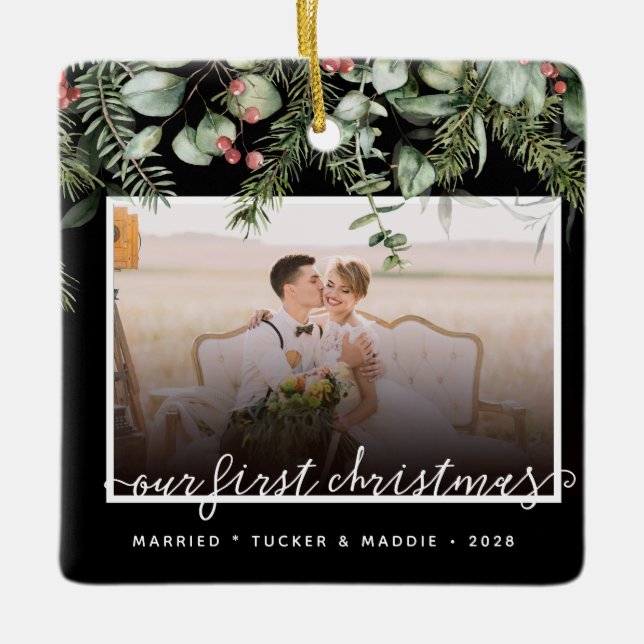 2 Photo First Christmas Married Winter Greenery  Ceramic Ornament (Front)