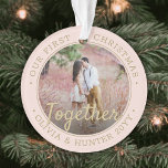 2 Photo First Christmas Together Blush Pink & Gold Ornament<br><div class="desc">Celebrate the joyful 1st holiday of your relationship or engagement with a custom 2 photo "Our First Christmas Together" blush pink and gold round acrylic ornament. All text and images on this template are simple to personalise and can be different or the same on front and back. (IMAGE & TEXT...</div>