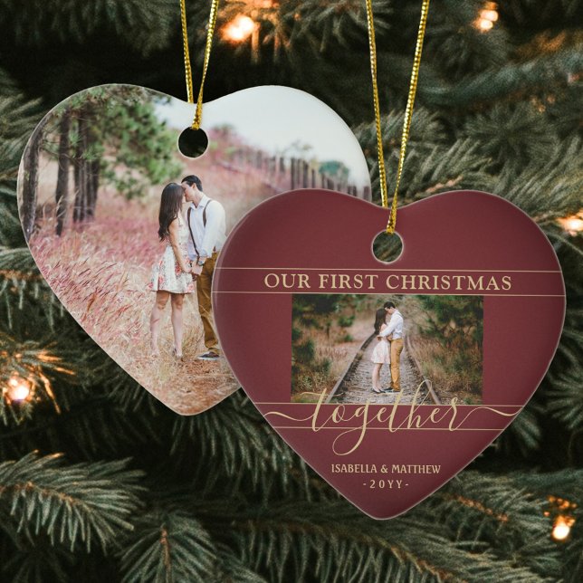 2 Photo First Christmas Together Red & Gold Heart Ceramic Ornament (Creator Uploaded)