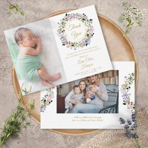 2 Photo Floral Baby Gold Thank You Birth Announcement