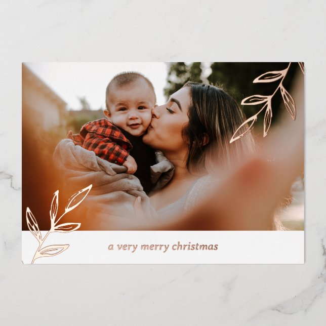 2 Photo Foil Foliage Simple Family Christmas Foil Holiday Card (Front)