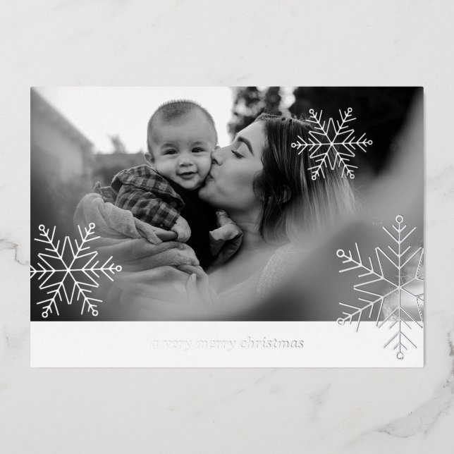 2 Photo Foil Snowflake Simple Family Christmas Foi Holiday Card (Front)