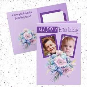 2 photo gerbera purple birthday card