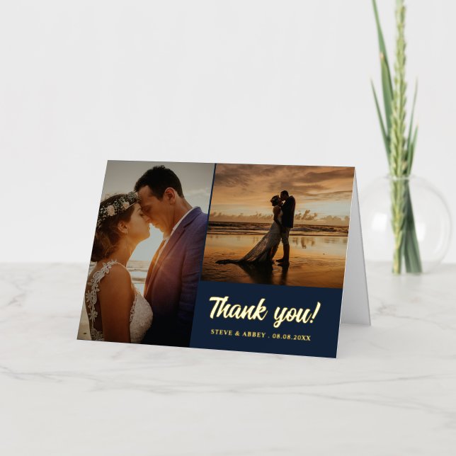 2 Photo Gold Navy Blue Wedding Thank You Foil Greeting Card (Front)
