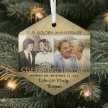 2 Photo Golden 50th Wedding Anniversary Keepsake Glass Tree Decoration<br><div class="desc">Celebrate a joyful golden 50th wedding anniversary with a custom 2 photo "Married 50 Years" black and gold hexagon-shaped glass Christmas ornament. Pictures and all wording on this template are simple to personalize. Design features a gold faux foil background, stylish vintage art deco style typography, the couple's names & date,...</div>