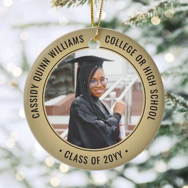 2 Photo Graduation Black Gold Faux Foil Picture Ceramic Ornament (Creator Uploaded)