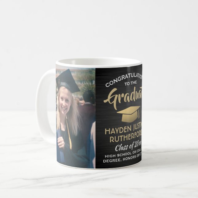 2 Photo Graduation Brushed Black Gold and White Coffee Mug (Front Left)