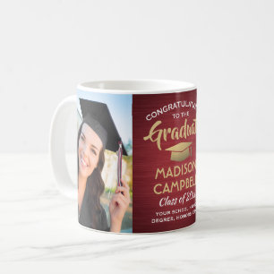 2 Photo Graduation Brushed Burgundy Red Gold White Coffee Mug
