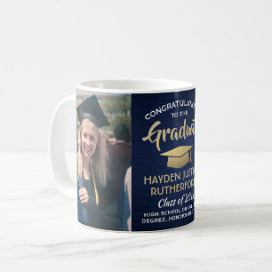 2 Photo Graduation Brushed Navy Blue Gold & White Coffee Mug