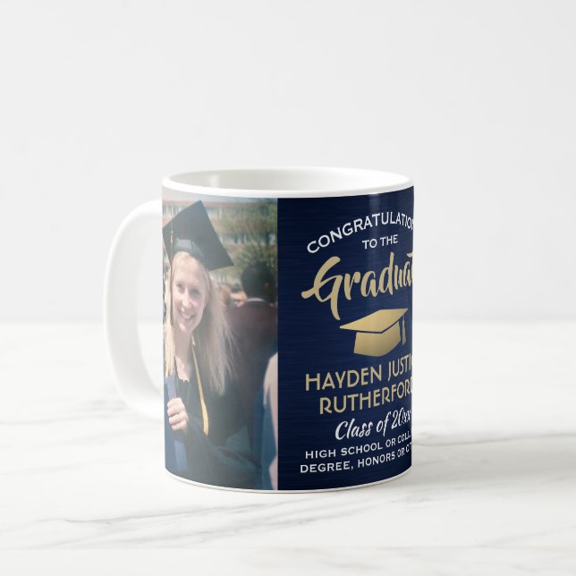 2 Photo Graduation Brushed Navy Blue Gold & White Coffee Mug (Front Left)