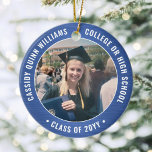2 Photo Graduation Brushed Royal Blue and White Ceramic Ornament<br><div class="desc">Commemorate the graduate's achievement with an elegant blue and white custom two photo round graduation Christmas ornament. Pictures and all text are simple to customize and can be different on front and back. (IMAGE & TEXT DESIGN TIPS: 1) To adjust position of wording, add spaces at beginning or end. 2)...</div>