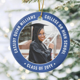 2 Photo Graduation Brushed Royal Blue and White Ceramic Ornament