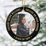 2 Photo Graduation Class Year & School Black Gold Ceramic Ornament<br><div class="desc">Commemorate the graduate's achievement with an elegant black and gold custom two photo round graduation Christmas ornament. Pictures and all text are simple to customise and can be different on front and back. (IMAGE & TEXT DESIGN TIPS: 1) To adjust position of wording, add spaces at beginning or end. 2)...</div>