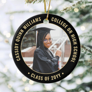 2 Photo Graduation Class Year & School Black Gold Ceramic Ornament