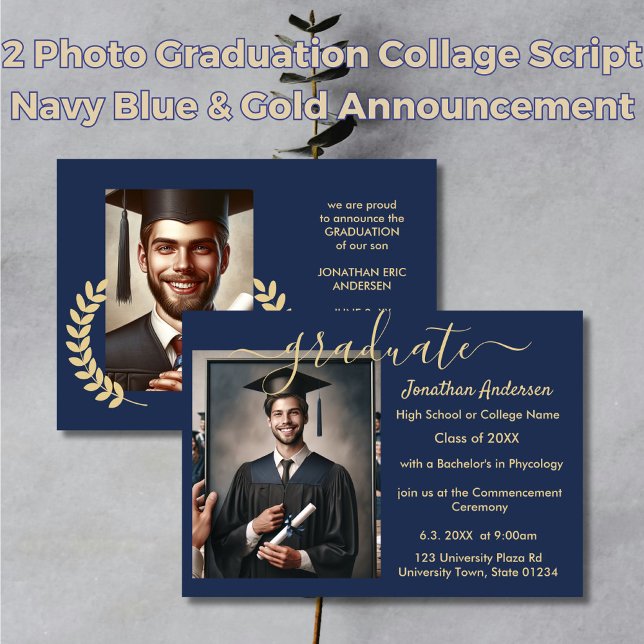 2 Photo Graduation Collage Script Navy Blue & Gold Announcement (Creator Uploaded)