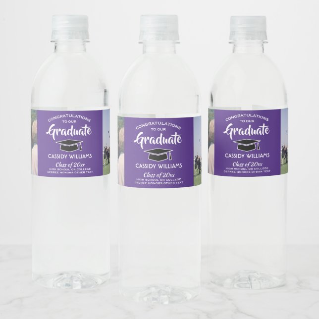 2 Photo Graduation Congrats Elegant Purple & White Water Bottle Label (Bottles)