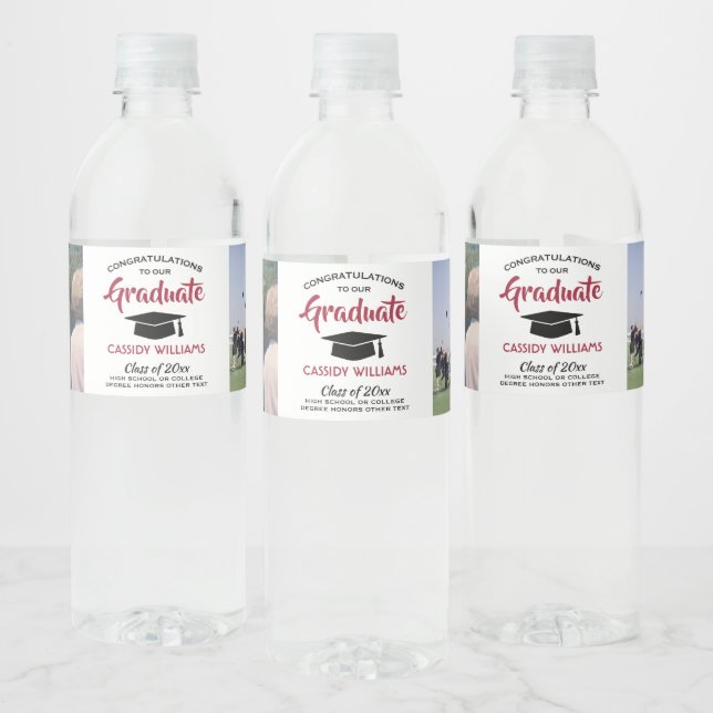 2 Photo Graduation Congrats Modern Red Black White Water Bottle Label (Bottles)