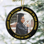 2 Photo Graduation Elegant Black Gold Yellow Ceramic Ornament<br><div class="desc">Commemorate the graduate's achievement with an elegant black and gold yellow custom two photo round graduation Christmas ornament. Pictures and all text are simple to customise and can be different on front and back.(IMAGE & TEXT DESIGN TIPS: 1) To adjust position of wording, add spaces at beginning or end. 2)...</div>