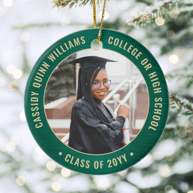 2 Photo Graduation Elegant Brushed Green and Gold Ceramic Ornament (Creator Uploaded)