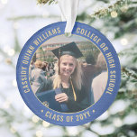 2 Photo Graduation Elegant Brushed Royal Blue Gold Ornament<br><div class="desc">Commemorate graduation day with an elegant blue and gold custom 2 photo round acrylic Christmas ornament. Pictures and all text are simple to customize and can be different on front and back. (IMAGE & TEXT DESIGN TIPS: 1) To adjust position of wording, add spaces at beginning or end. 2) To...</div>