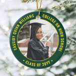 2 Photo Graduation Elegant Green Gold Yellow Ceramic Ornament<br><div class="desc">Commemorate the graduate's achievement with an elegant green and gold yellow custom two photo round graduation Christmas ornament. Pictures and all text are simple to customise and can be different on front and back. (IMAGE & TEXT DESIGN TIPS: 1) To adjust position of wording, add spaces at beginning or end....</div>