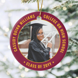 2 Photo Graduation Elegant Maroon Red Gold Yellow Ceramic Ornament
