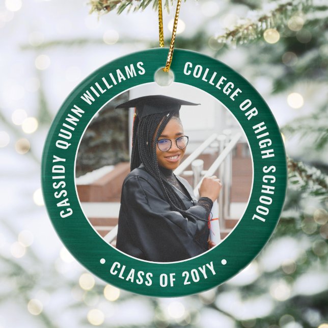 2 Photo Graduation Elegant Modern Green and White Ceramic Ornament (Creator Uploaded)