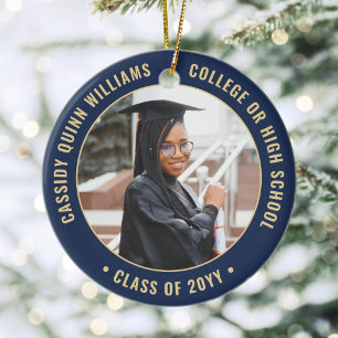 2 Photo Graduation Elegant Modern Navy Blue & Gold Ceramic Ornament