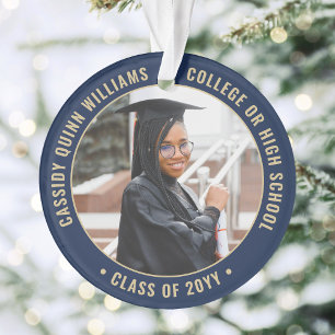 2 Photo Graduation Elegant Modern Navy Blue & Gold Ornament