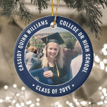 2 Photo Graduation Elegant Modern Navy Blue White Ceramic Ornament<br><div class="desc">Commemorate the graduate's achievement with an elegant navy blue and white custom two photo round graduation Christmas ornament. Pictures and all text are simple to customize and can be different on front and back. (IMAGE & TEXT DESIGN TIPS: 1) To adjust position of wording, add spaces at beginning or end....</div>