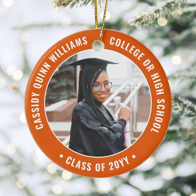 2 Photo Graduation Elegant Modern Orange and White Ceramic Ornament (Creator Uploaded)