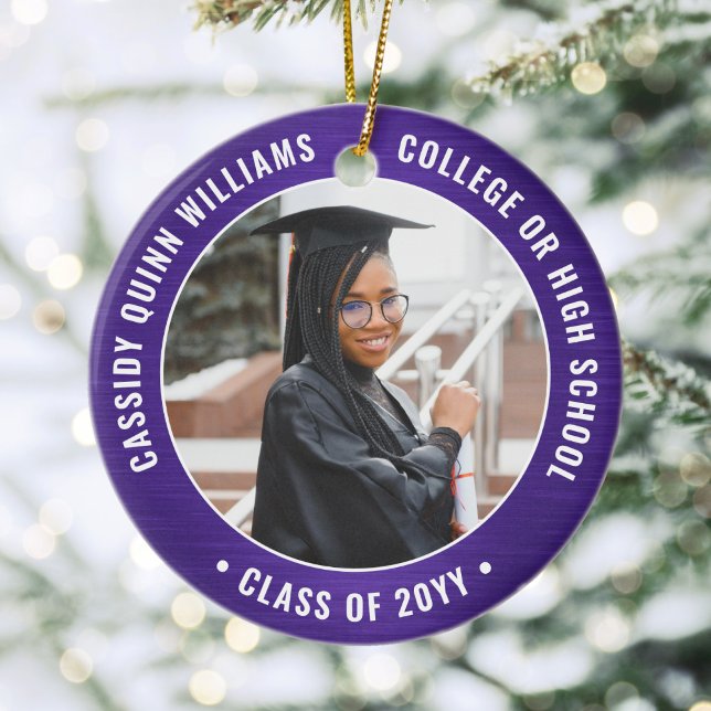 2 Photo Graduation Elegant Modern Purple and White Ceramic Ornament (Creator Uploaded)