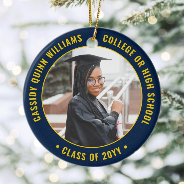 2 Photo Graduation Elegant Navy Blue and Gold Ceramic Ornament (Creator Uploaded)